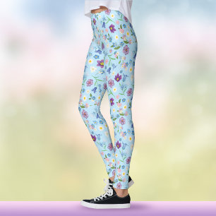 Boho Blau & Lila Wilde Blumen Wasserfarbe Floral Leggings
