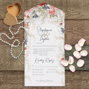 Boho Blau & Rosa Floral Weiße Dinnerparty All In One Einladung