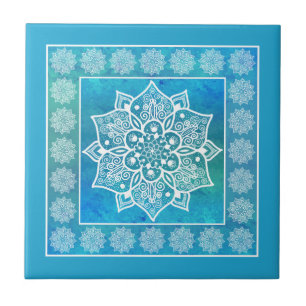 Boho blau türkisfarbenes Wasserfarben Mandala Blüt Fliese