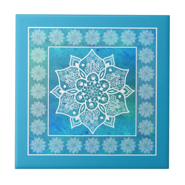 Boho blau türkisfarbenes Wasserfarben Mandala Blüt Fliese (Vorderseite)