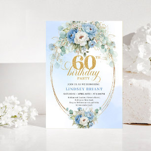 Boho Blau und goldene Pfingstrose floral chic 60. Einladung