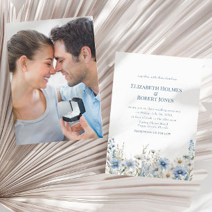 Boho Blaue Aquarell-Wildblumen & Foto-Hochzeit Einladung