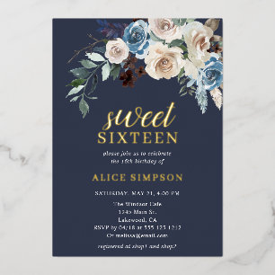 Boho Blaue Blumen Getrocknete Blätter Sweet 16 Folieneinladung