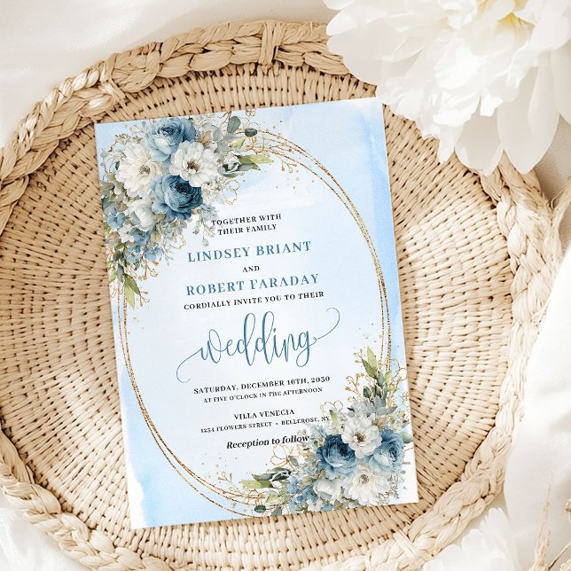 Boho Blaue Blumen Grün Goldene Hochzeitseinladung Einladung (Boho Blue Flowers Greenery Gold Wedding Invite)