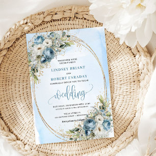 Boho Blaue Blumen Grüne Goldene Hochzeitseinladung Einladung