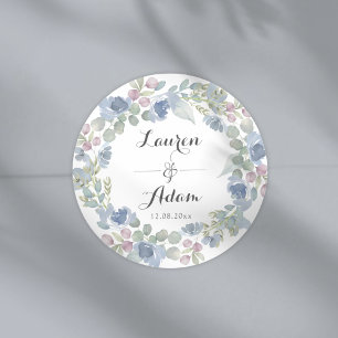 Boho Blaue Blumen- und Eukalyptus-Kranz-Hochzeit Runder Aufkleber