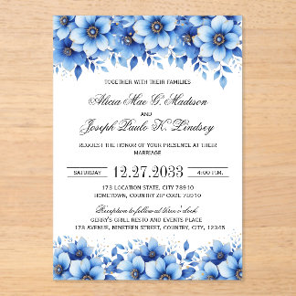 Boho Blaue Blumige Elegante Hochzeits-Einladung Acryleinladungen