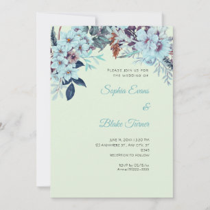 Boho Blaue Florale Winter-Hochzeit in Hellgrün Einladung
