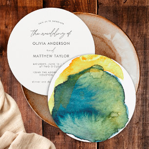 Boho Blaue Gelbe Abstrakte Aquarell-Hochzeit Einladung