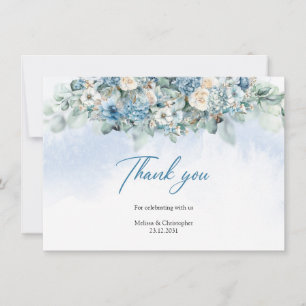 Boho blaue Hortensie und weiße Rosen Eukalyptus Dankeskarte