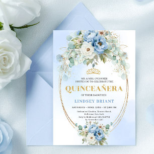Boho Blaue Pfingstrosen Eukalyptus Quinceañera Dow Einladung