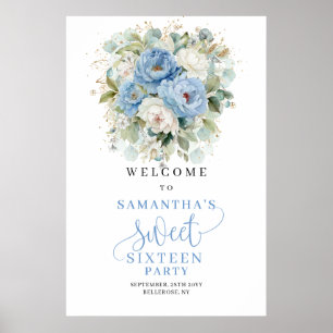 Boho Blaue Pfingstrosen Gold Sweet Sixteen Willkom Poster