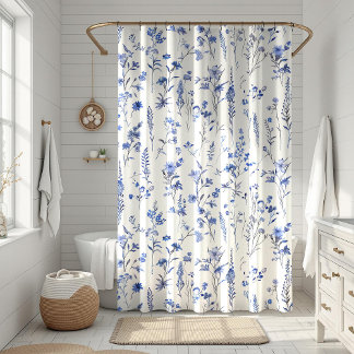 Boho Blaue und Weiße Wildblumen Duschvorhang