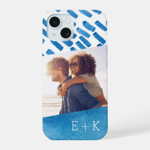 Boho Blaue Wasserfarben-Abstrakt Monogrammfoto iPhone 15 Hülle