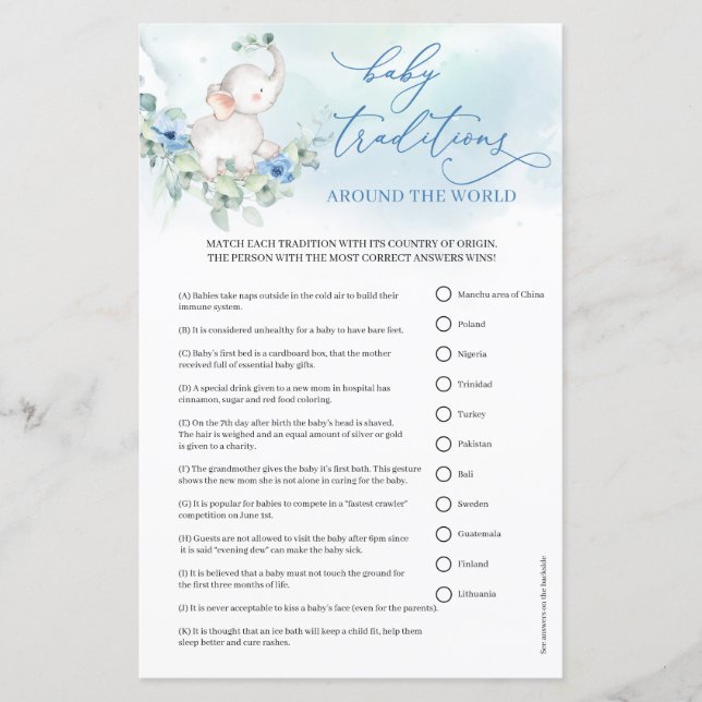 Boho blauen Blumen Junge Elefant Baby Traditionen (Vorderseite)