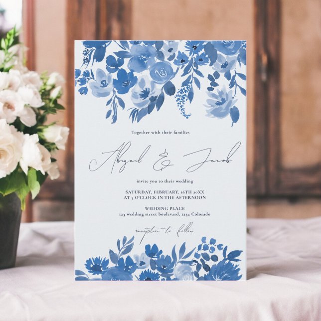 Boho blauen rustikalen Hand bemalt Blumenzehen Einladung (Boho blue rustic hand painted floral wedding invitation)