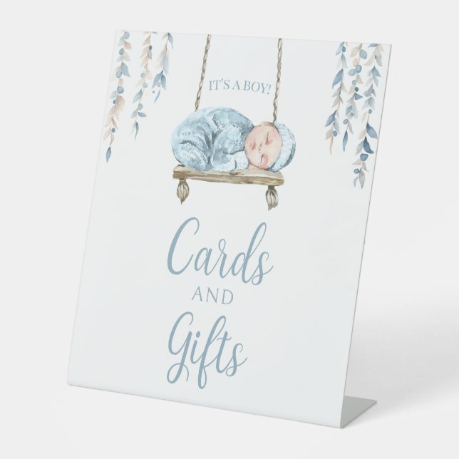 Boho blauer Baby Boy Duschgel Gästebuch Sockelschild (Vorderseite)