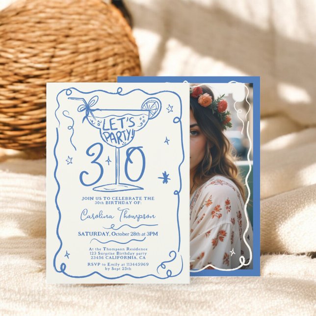 Boho blauer, rauer Whimsikkleber 30 Geburtstag Einladung (Boho blue quirky whimsical scribbles 30 birthday invitation)