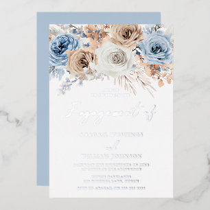 Boho Blaues Blumenverlobungsfest Silber Folieneinladung