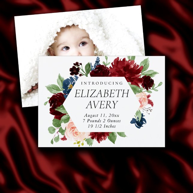 Boho Bloom | Bugundy Red and Navy Blue Foto Birth Ankündigung (Von Creator hochgeladen)