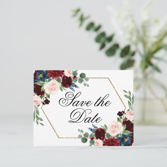 Boho Bloom | Burgund Rot und Marine Save the Date Postkarte (Stehend Vorderseite)