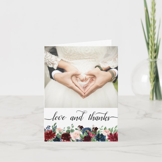 Boho Bloom | Burgund und Marine 2 Foto Liebe und Dankeskarte (Vorderseite)