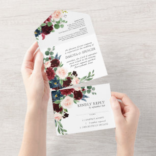 Boho Bloom Burgunderrot und Marineblau floral All In One Einladung