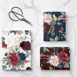 Boho Bloom Burgunderrot und Navy Blau Floral Geschenkpapier Set