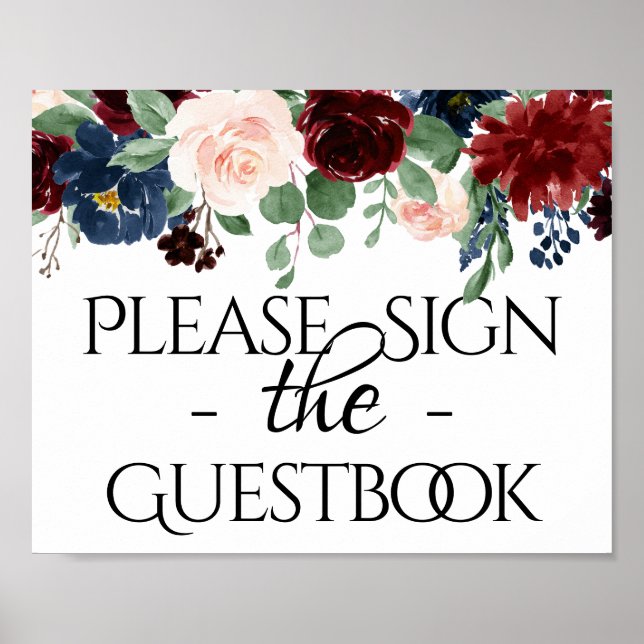 Boho Bloom Burgundy and Navy Blue Guestbook Sign Poster (Vorne)