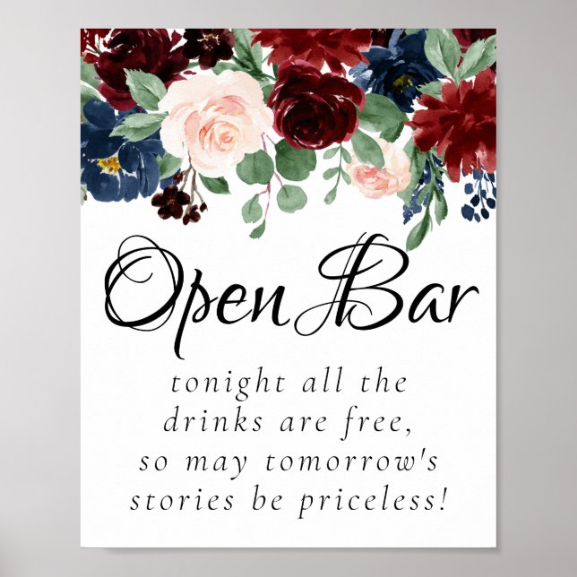 Boho Bloom | Burgundy Blush and Navy Open Bar Poster (Vorne)