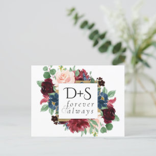 Boho Bloom Burgundy Navy Monogram Save the Date Ankündigungspostkarte