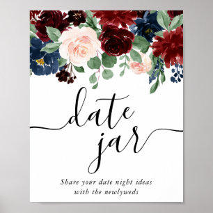 Boho Bloom   Burgundy Red and Navy Blue Date Jar Poster