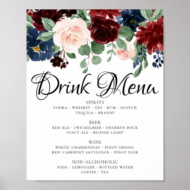 Boho Bloom Burgundy | Red and Navy Blue Drink Menu Poster (Vorne)