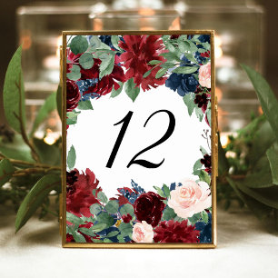 Boho Bloom Burgundy Red and Navy Blue Frame Tischnummer