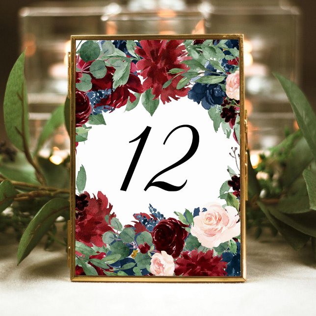 Boho Bloom | Burgundy Red and Navy Blue Frame Tischnummer (Von Creator hochgeladen)