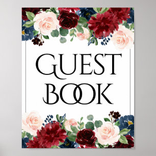 Boho Bloom   Burgundy Red and Navy Guestbook Sign Poster