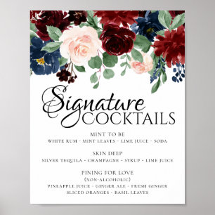 Boho Bloom   Burgundy Red and Navy Newlywed Drink Poster
