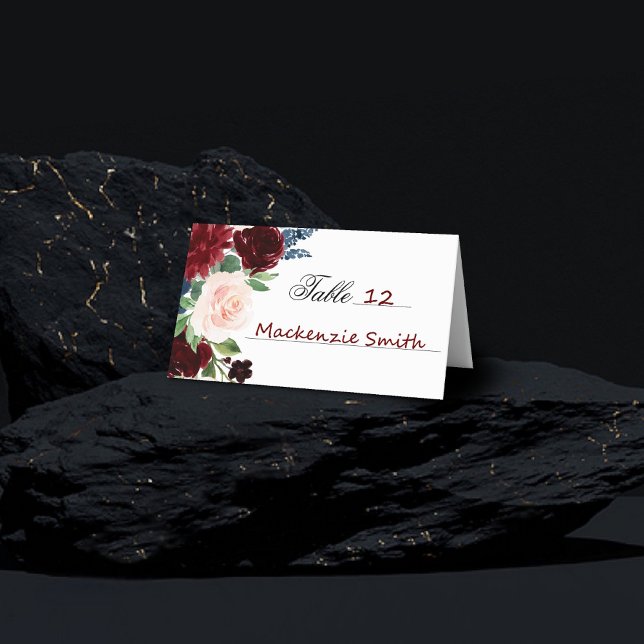 Boho Bloom | Burgundy Red Blush Navy Blue Bouquet Platzkarte (Von Creator hochgeladen)