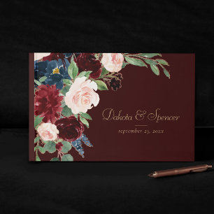 Boho Bloom Dark Burgundy Red and Navy Blue Rose Gästebuch
