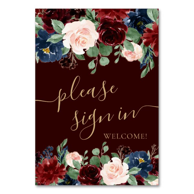 Boho Bloom | Dark Burgundy Red and Navy Geschenke Tischnummer (Vorderseite)