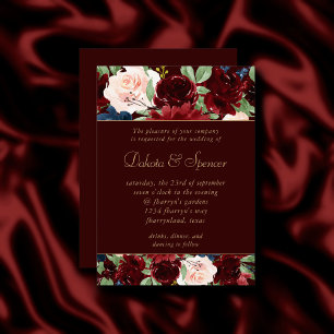 Boho Bloom Dark Elegant Burgundy Red and Navy Einladung