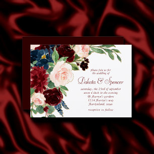 Boho Bloom Elegant Burgundy Red and Navy Blue Einladung