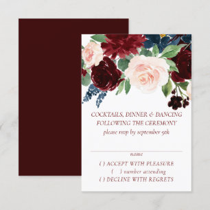 Boho Bloom Elegant Burgundy Red and Navy Blue RSVP Karte