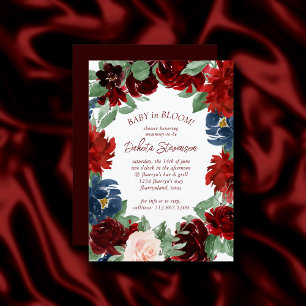 Boho Bloom Elegante Rose Rot Blush und Navy Blue Einladung