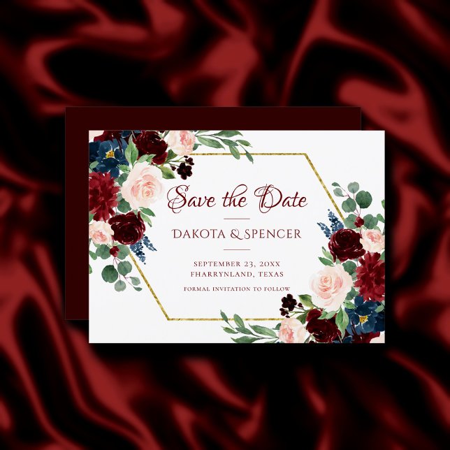 Boho Bloom | Eleganter Burgundy-Gold-Rahmen Save The Date (Von Creator hochgeladen)