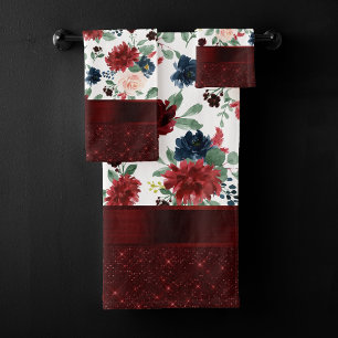 Boho Bloom Elegantes Rot- und Blütenschimmer-Mus Badhandtuch Set
