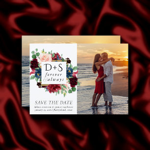 Boho Bloom Foto Burgund und Marine Monogram 2 Save The Date