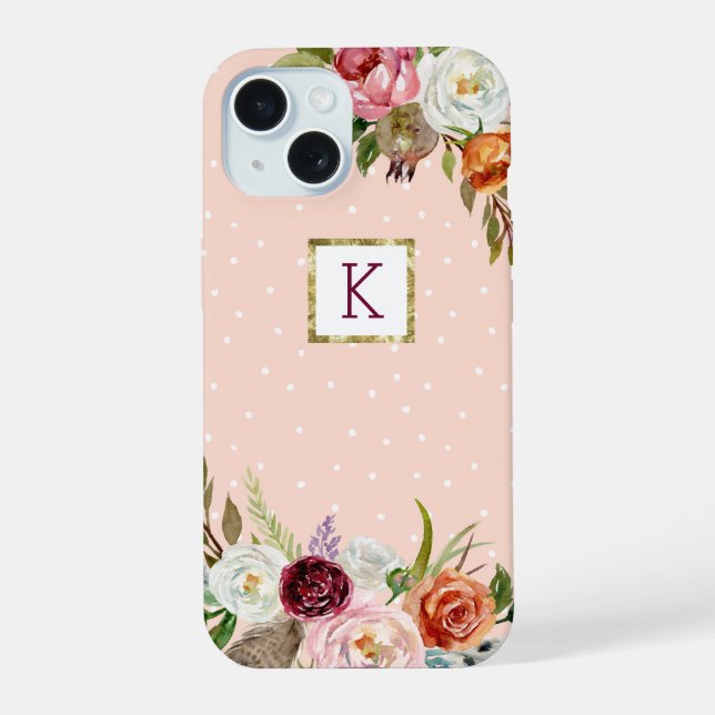 Boho Blooms Blush Punkt Monogramm iPhone 15 Hülle (Rückseite)