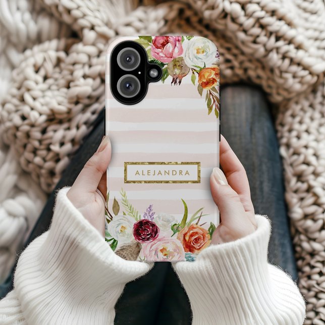 Boho Blooms Blush Stripe Monogram Case-Mate iPhone Hülle (Von Creator hochgeladen)