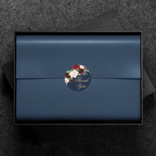 Boho Blooms Dark Navy Blau und Rot Danke Runder Aufkleber